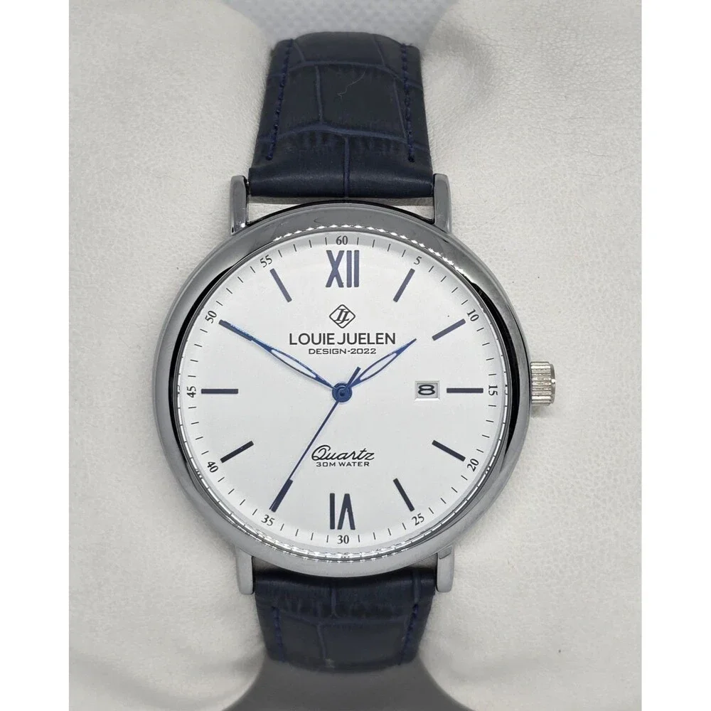 Man's Classic Luxury Round Date Silver Tone Case Blue Leather Strap Watch 13